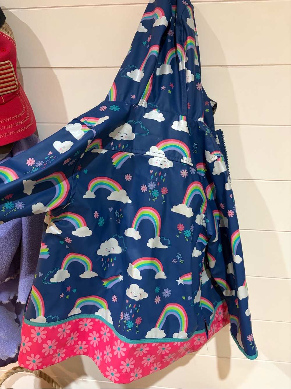 Girls' Navy Rainbow & Pink Hem Hooded Raincoat